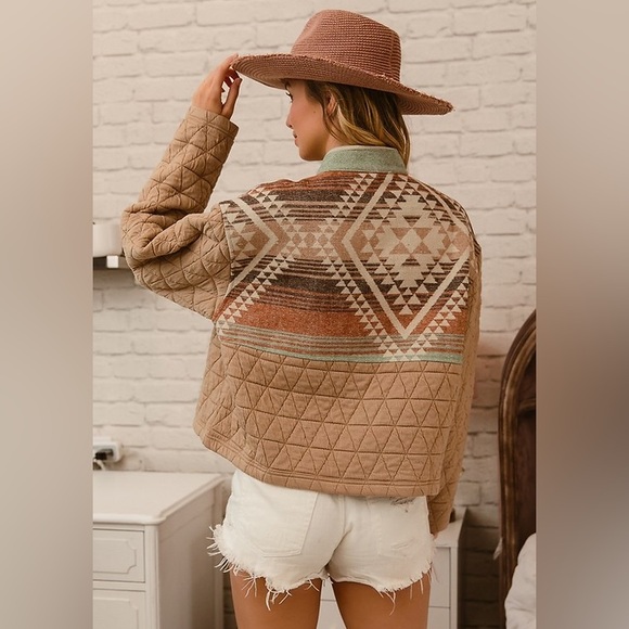 Tan Mixed Aztec Tribal Raw Hem Puffer stitch cotton Quilted Zip Jacket coat - Picture 8 of 8